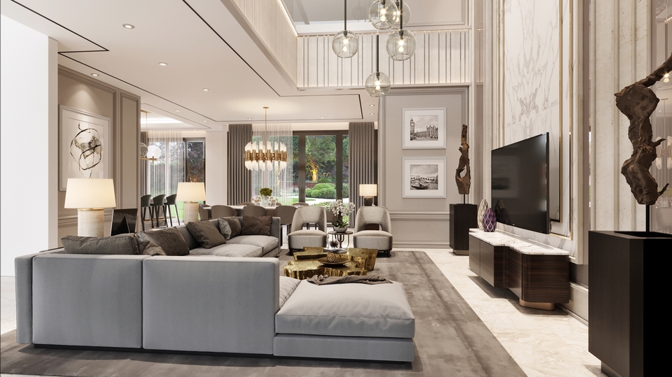 Jasa desain interior rumah minimalis modern dengan sofa dan TV di ruang tamu.