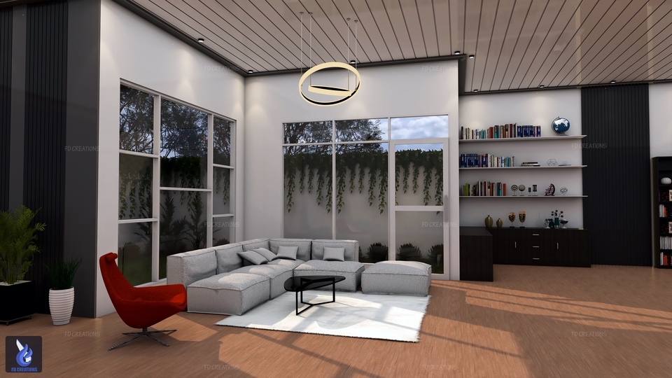 Jasa drafter autocad murah untuk desain interior rumah modern dengan furniture dan jendela kaca besar.