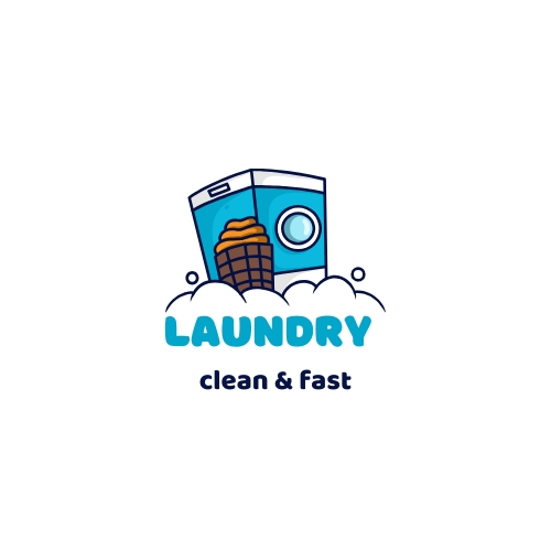 Desain logo laundry dengan mesin cuci dan sabun, logo laundry bersih cepat