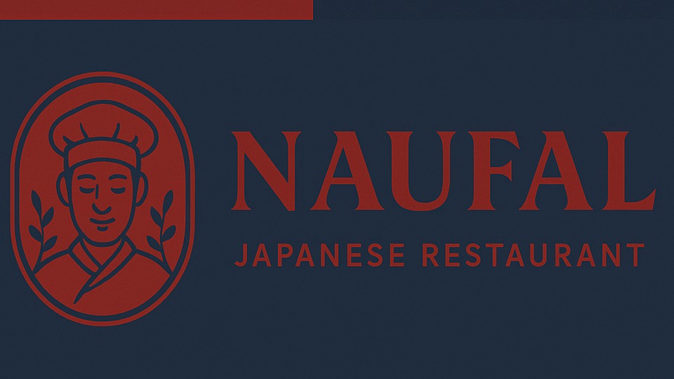 Logo restoran Jepang dengan nama "NAUFAL", desain logo minimalis dengan ikon koki dan logo bertema makanan.