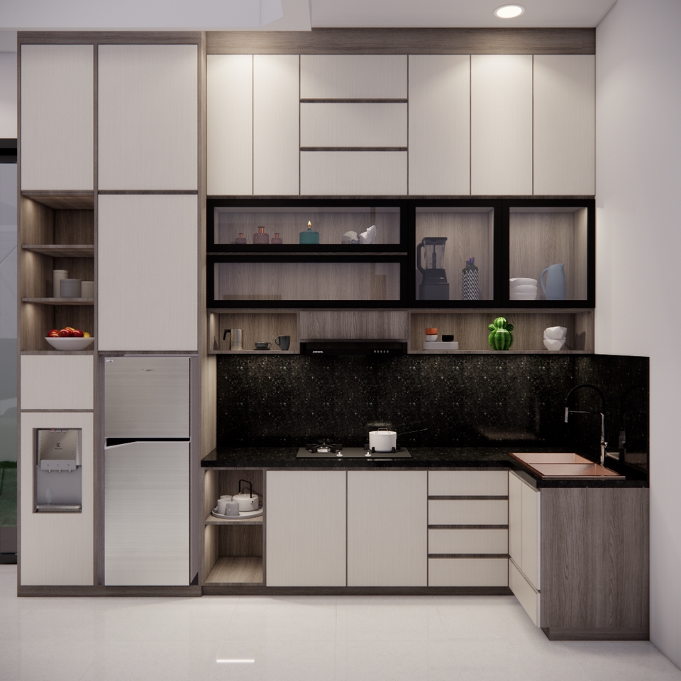 Jasa desain interior 3D rumah minimalis modern, render dapur. Desain interior apartemen. Jasa arsitek.