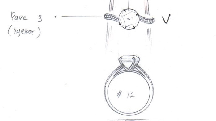 Ilustrasi cincin pertunangan dengan batu permata dan detail pave, untuk desain perhiasan