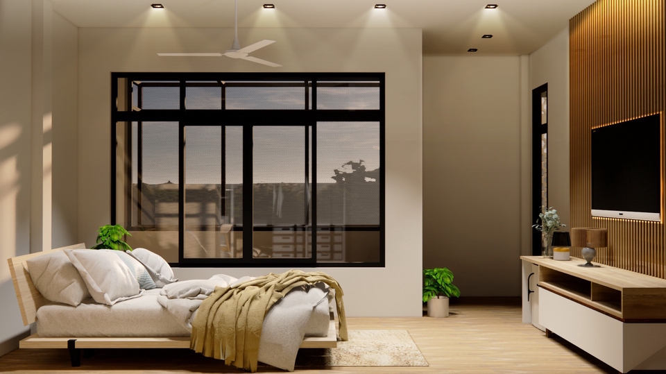 ออกแบบตกแต่งภายในห้องนอน บนพื้นที่ขนาดเล็ก มีเตียงนอนสีขาว โซฟาสีขาว และหน้าต่างกระจกบานใหญ่ มีไฟส่องสว่างสวยงาม เหมาะสำหรับการพักผ่อน