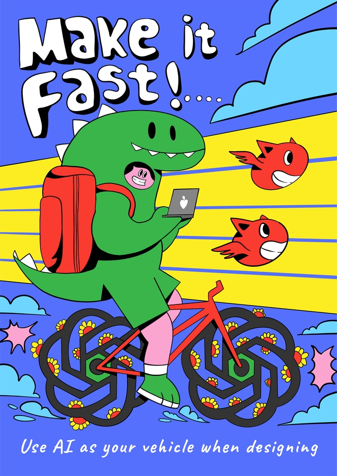 Ilustrasi digital lucu tentang hewan dinosaurus yang mengendarai sepeda sambil membawa tas ransel. Ilustrasi ini cocok untuk kebutuhan jasa ilustrasi digital, desain kartun, dan pembuatan vector.