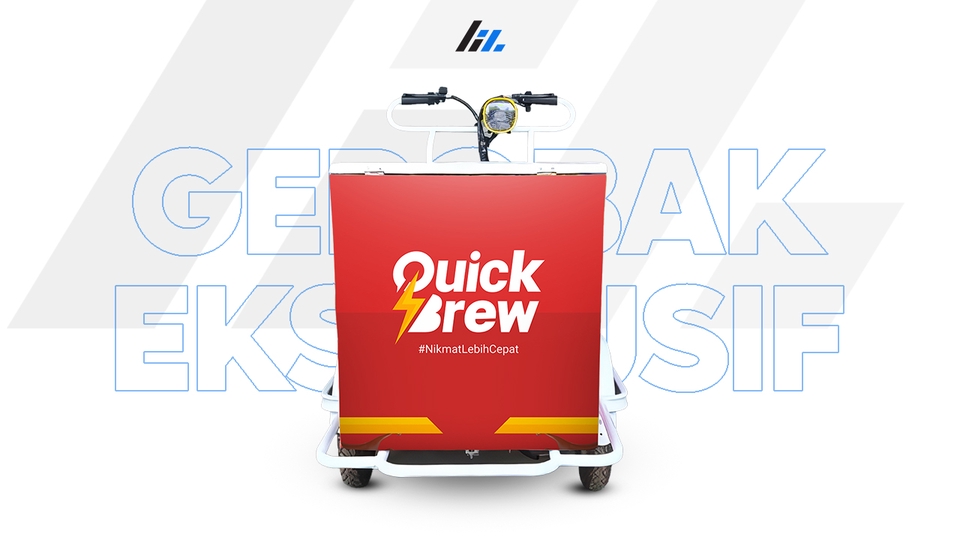 Desain stiker mobil Quick Brew dengan konsep unik dan kreatif untuk branding toko minuman.