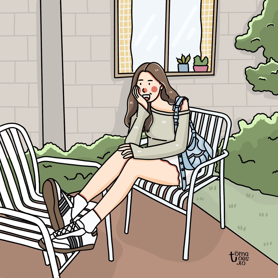 รับวาดรูปการ์ตูน ผู้หญิงนั่งเก้าอี้ วาดรูปการ์ตูนสไตล์มินิมอล