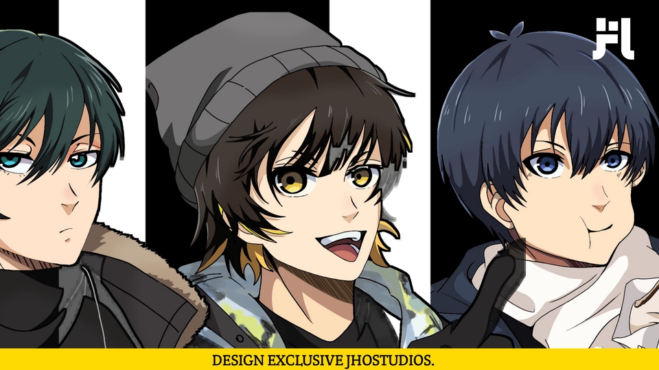 Jasa desain karakter kartun untuk game dengan tiga karakter unik: seorang karakter laki-laki dengan rambut hijau, seorang karakter laki-laki dengan rambut hitam, dan seorang karakter perempuan dengan rambut cokelat.