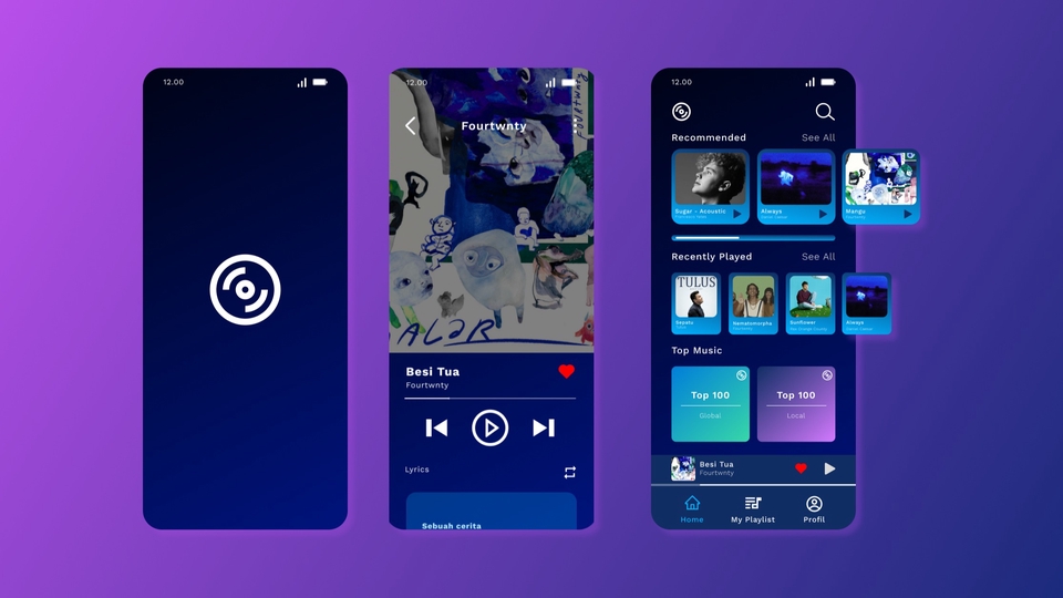 Contoh desain aplikasi musik mobile dengan desain ui ux yang menarik dan modern. Jasa desain aplikasi mobile ui ux untuk aplikasi android atau ios. Jasa desain ui ux, freelance desainer ui ux, desainer ui ux, harga desain ui ux.