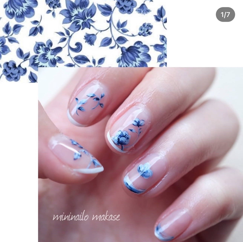 บริการทำเล็บที่บ้าน ทำเล็บเจลลายดอกไม้สีฟ้า ช่างทำเล็บมืออาชีพ รับทำเล็บนอกสถานที่