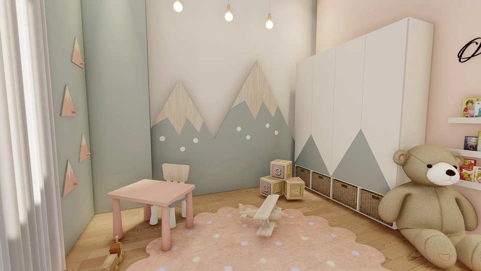Desain Interior Kamar Tidur Anak Minimalis dengan Tema Gunung dan Nuansa Pastel