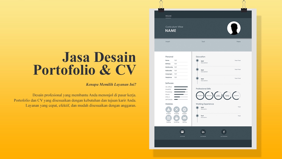 Jasa desain portofolio dan CV profesional untuk meningkatkan peluang kerja Anda. Desain CV menarik dan unik untuk membantu Anda menonjol.