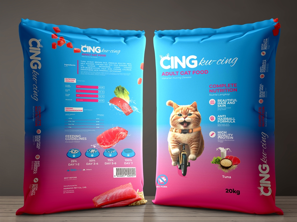 Jasa desain kemasan makanan kucing dengan desain unik dan menarik, menggunakan warna pink dan biru dengan gambar kucing dan bahan makanan