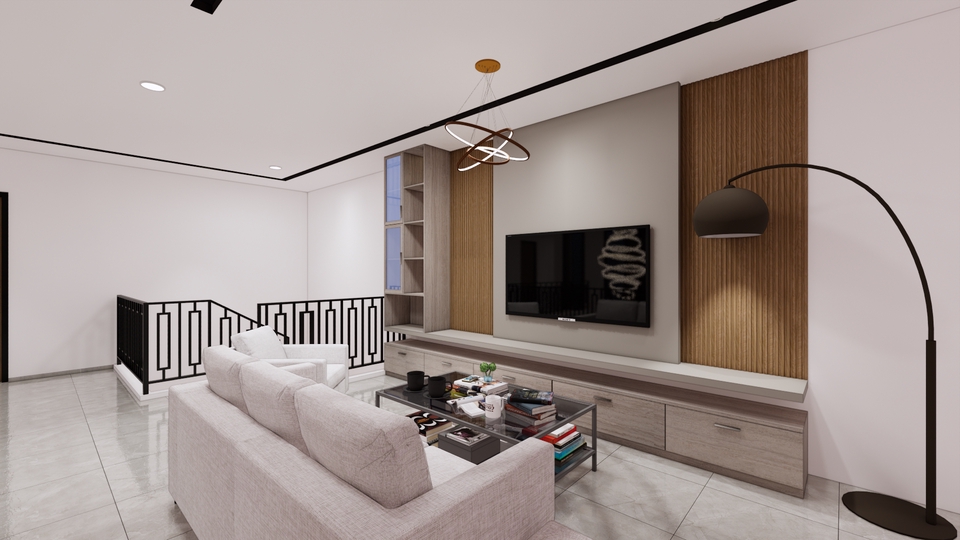 Desain interior ruang tamu minimalis modern dengan sofa putih dan televisi. Jasa desain interior rumah, desain interior apartemen, jasa desain interior kantor.