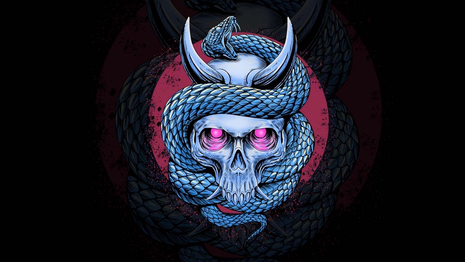 Ilustrasi hewan ular melilit tengkorak dengan mata merah muda, desain grafis ilustrasi untuk keperluan desain