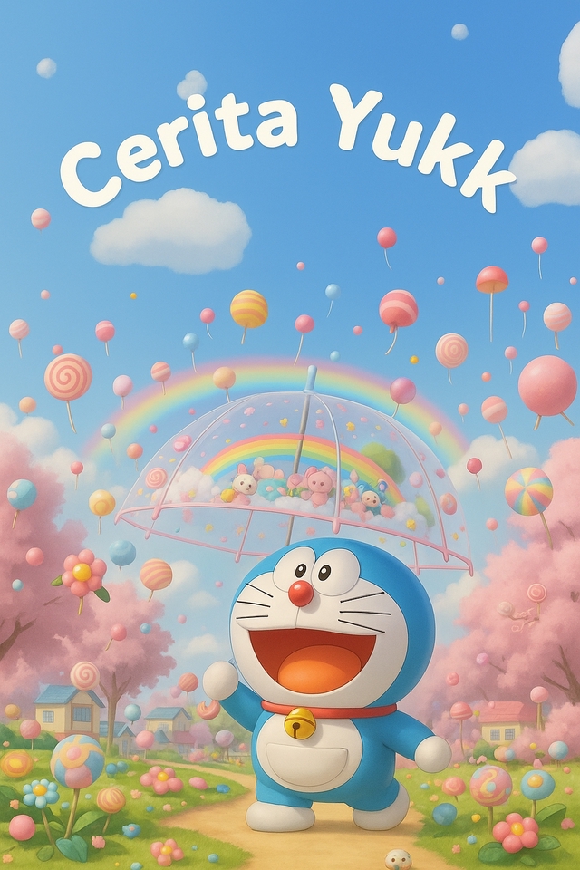 Ilustrasi Doraemon dengan latar belakang langit biru, awan, dan balon permen, menunjukkan jasa pengembangan diri untuk meningkatkan semangat dan meraih impian.