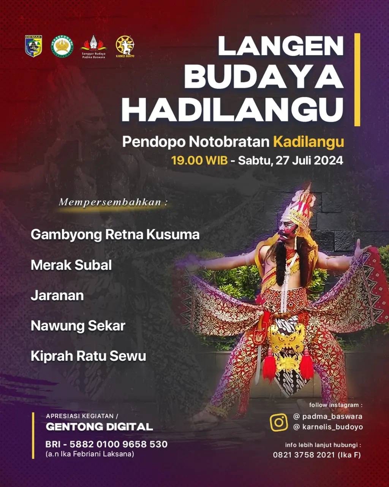 Spanduk Langen Budaya Hadilangu, acara budaya di Pendopio Notobratan, menampilkan Gamboyong Retna Kusuma, Merak Subal, Jaranan, dan lainnya.