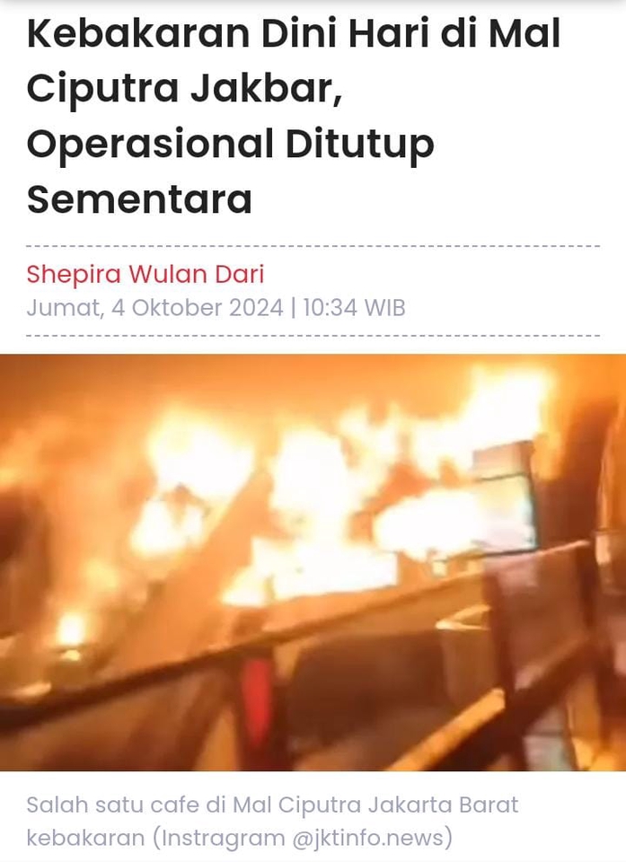 Kebakaran di Mal Ciputa Jakbar, operasional ditutup sementara. Salah satu cafe di Mal Ciputa Jakarta Barat kebakaran.