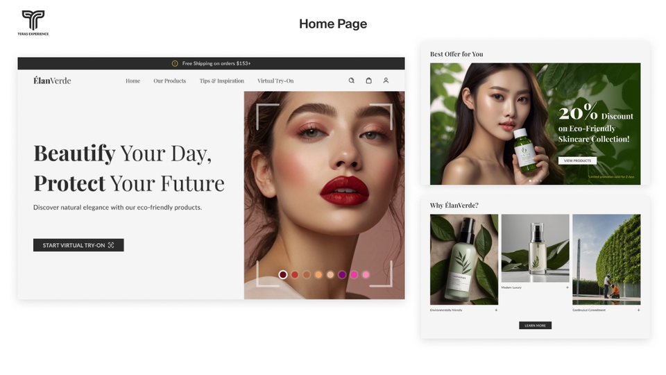 Desain UI UX website E-commerce ramah lingkungan, menampilkan produk perawatan kulit alami.  Desain mockup website, jasa desain UI UX freelancer Indonesia.