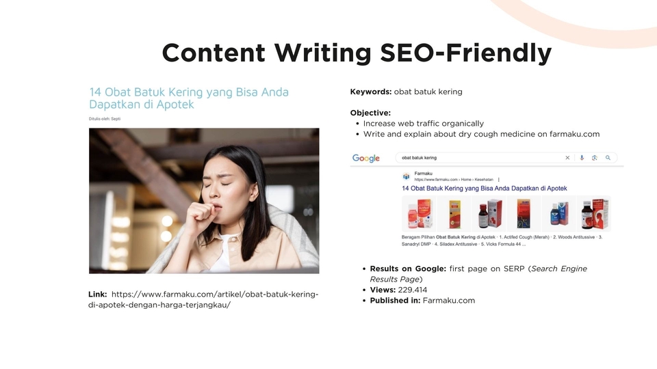 Jasa penulis artikel freelance di Indonesia untuk membuat konten SEO friendly tentang obat batuk kering