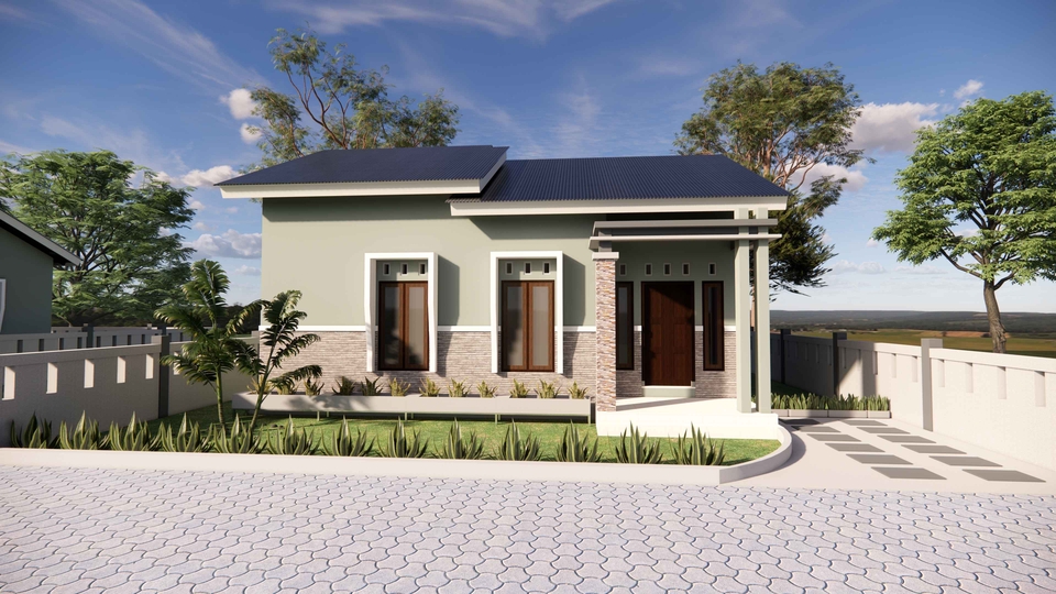 Jasa desain exterior 3d rumah minimalis modern dengan taman depan