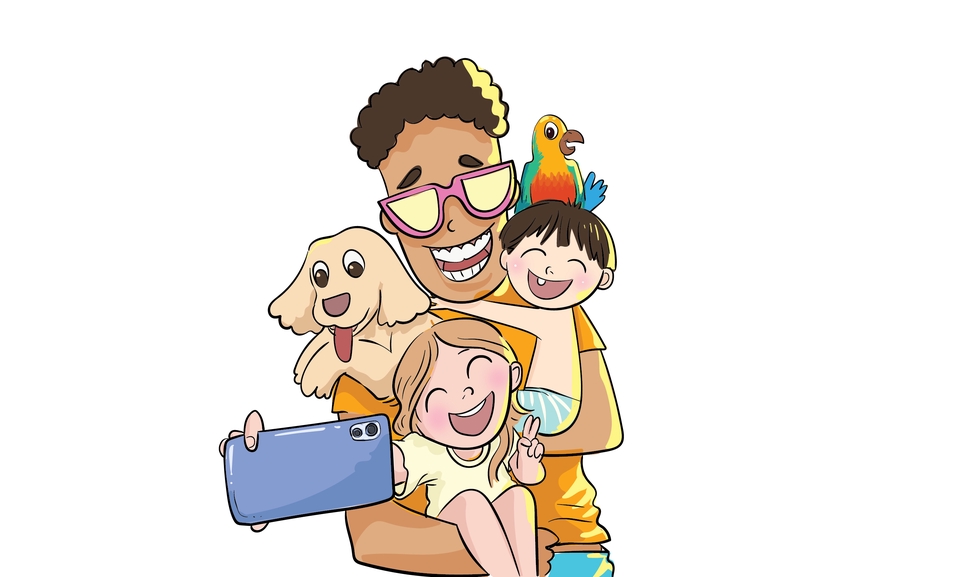 Ilustrasi kartun seorang pria, anak perempuan dan anak laki-laki, dan anjing sedang berpose di depan kamera, desain gambar ilustrasi untuk situs web.