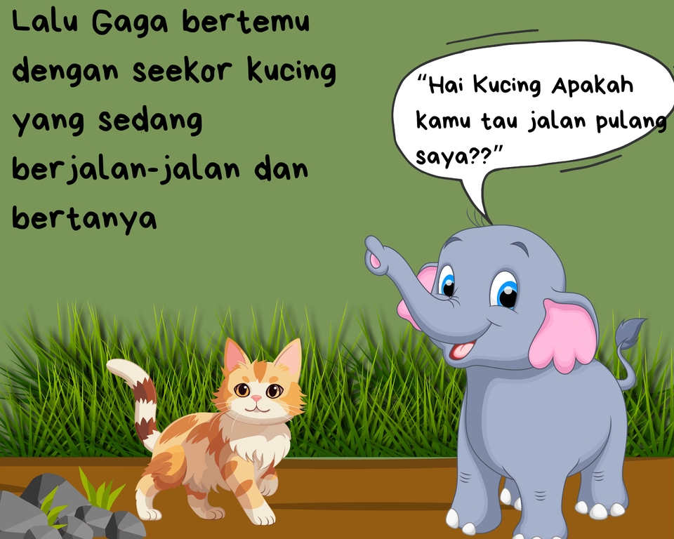 Gambar ilustrasi gajah dan kucing sedang berjalan, cocok untuk keperluan jasa ilustrasi karakter untuk buku cerita anak anak.