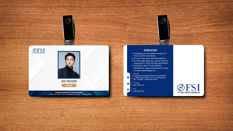 Kartu nama desain unik untuk perusahaan dengan nama "FSI PT Fine Sinter Indonesia" dan foto seorang pria bernama Ade Prayogo.
