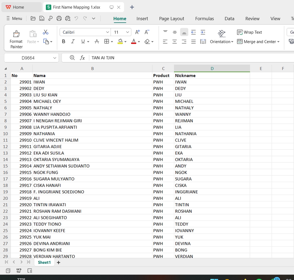 Jasa entry data excel dengan daftar nama dan kode produk untuk freelancers di Indonesia.