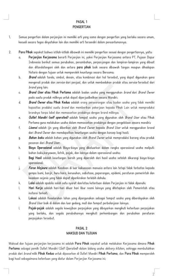 Pasal 1 dan 2 tentang pengertian dan maksud dan tujuan perjanjian kerjasama jasa hukum di Indonesia.