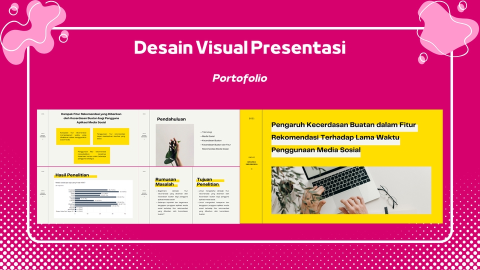 Desain visual presentasi profesional dengan tema pengaruh kecerdasan buatan dalam fitur rekomendasi terhadap lama waktu penggunaan media sosial.