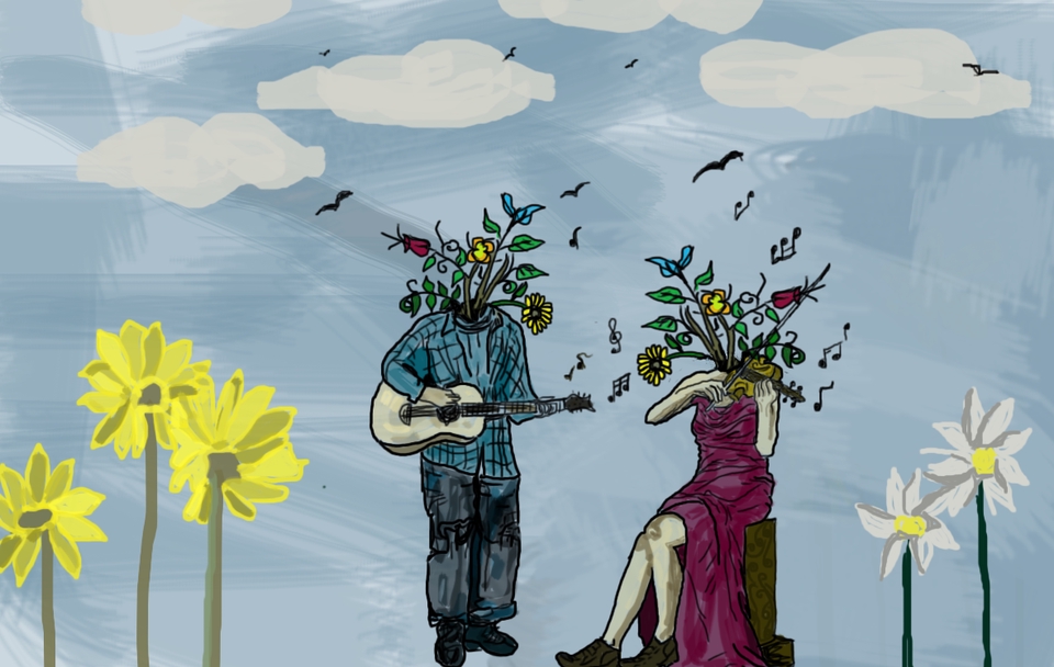 Jasa Ilustrasi Digital - Gambar ilustrasi dua orang dengan tanaman di kepala, memainkan alat musik di alam bebas, dan dikelilingi oleh bunga