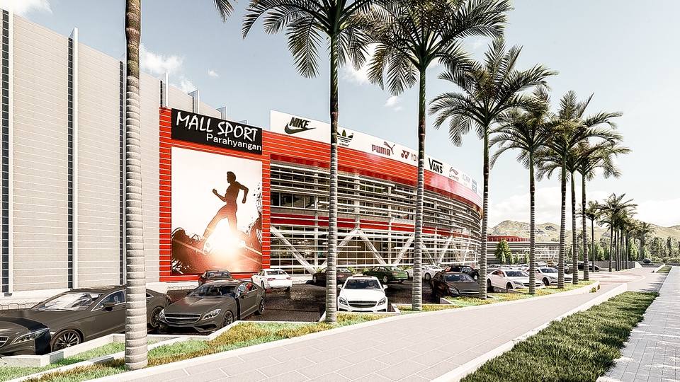 Jasa desain 3D untuk mall sport, rendering 3D mall olahraga, desain eksterior mall, desain interior mall, desain 3D mall, jasa arsitek mall, jasa desain mall.