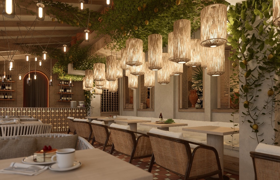 Jasa desain interior kafe minimalis dengan lampu gantung unik dan desain meja kayu