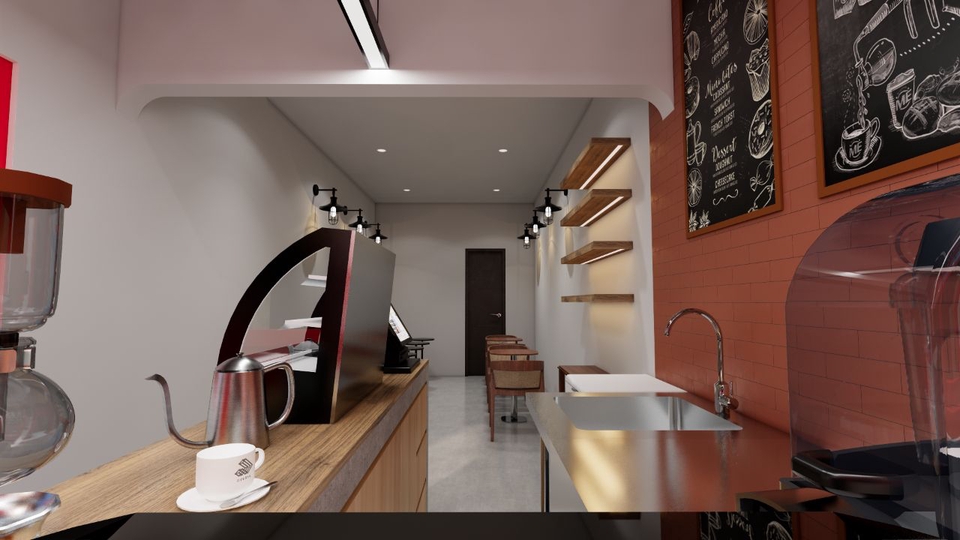 Jasa desain interior cafe minimalis dengan interior modern dan estetis untuk menarik pelanggan.