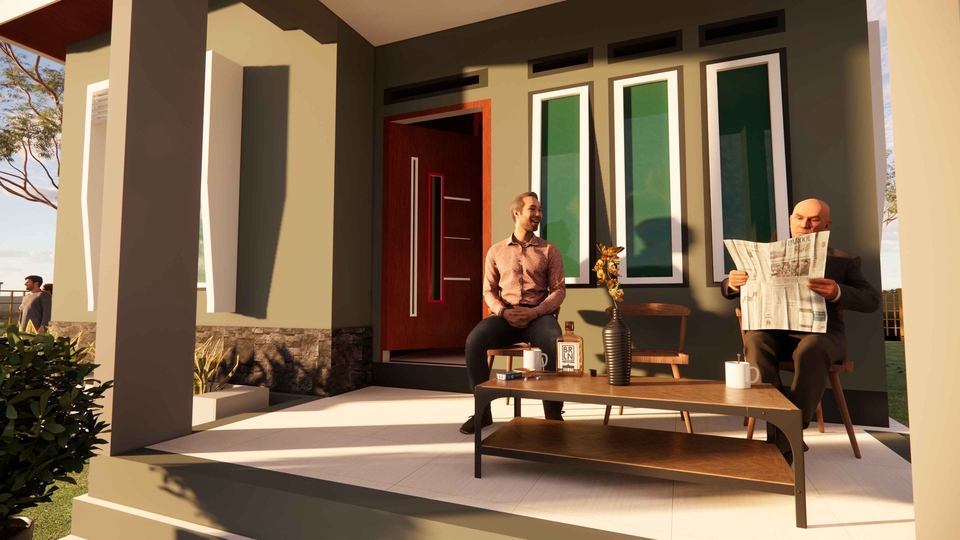 Jasa desain exterior 3d rumah minimalis dengan interior cafe modern.