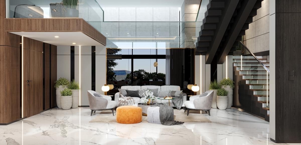 Desain interior ruang tamu minimalis modern dengan sofa, meja kopi, dan lampu meja.
