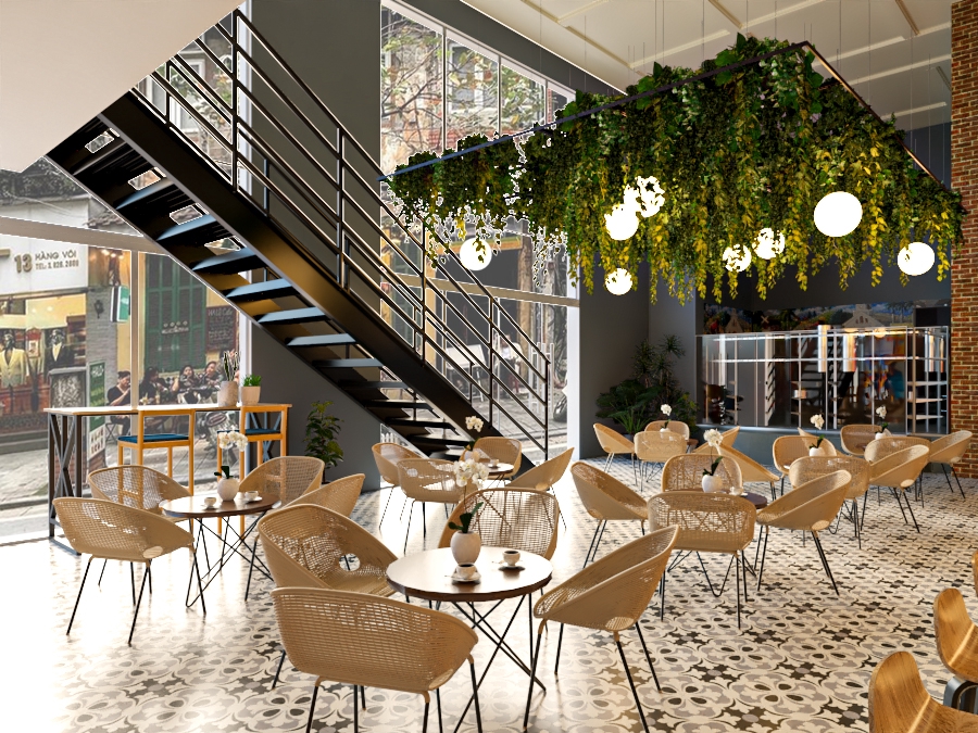 Jasa desain interior cafe minimalis dengan kursi dan meja rotan - desain cafe minimalis modern - desain interior cafe - jasa desain cafe