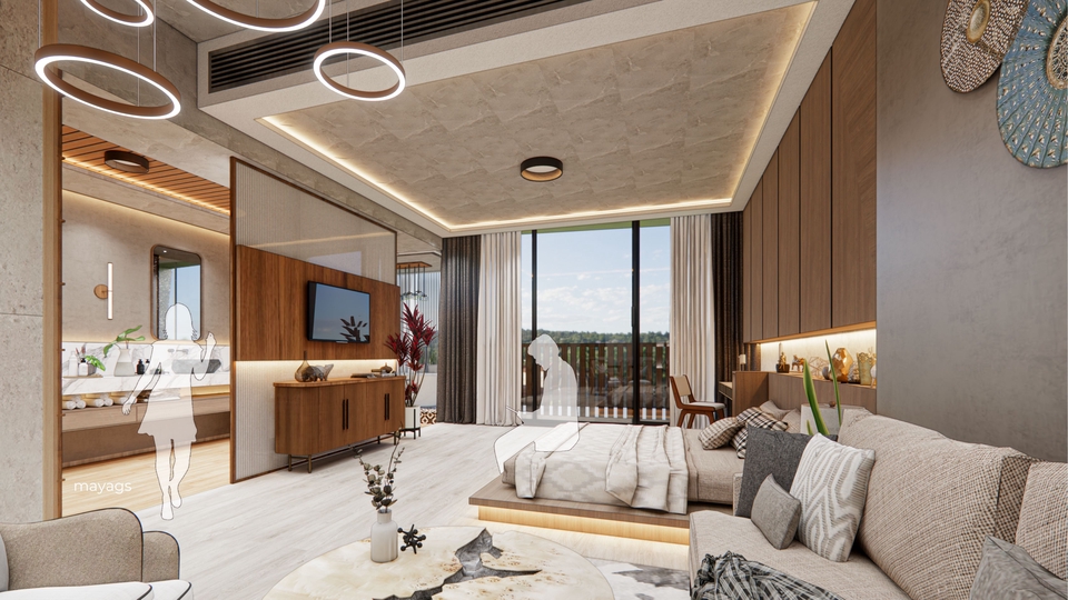 Desain interior ruang tamu modern minimalis dengan konsep terbuka dan pencahayaan alami, cocok untuk jasa desain interior rumah, apartemen, dan kantor di Indonesia.