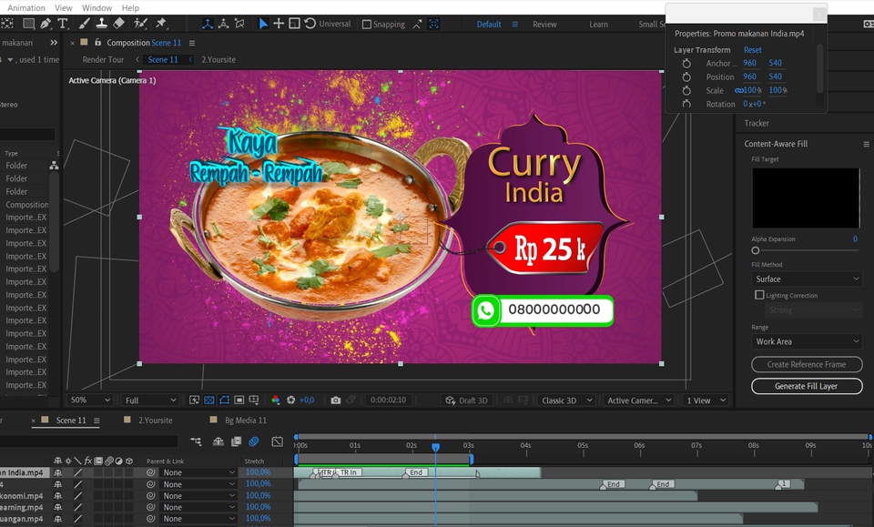 Jasa pembuatan motion graphic untuk iklan makanan "Curry India" dengan konsep menarik dan kreatif.