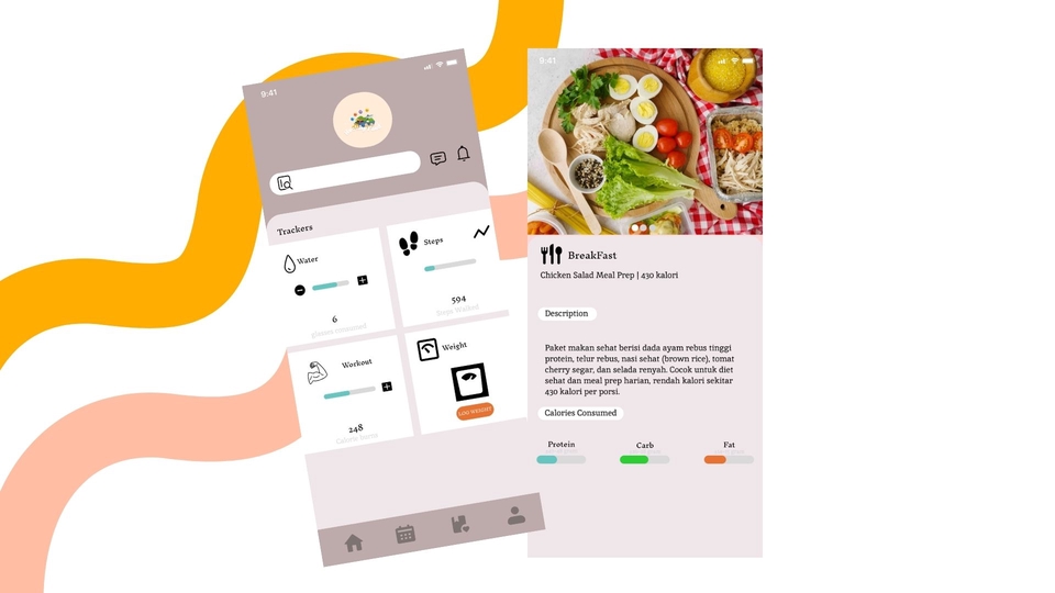 Desain UI UX untuk aplikasi mobile menampilkan makanan sehat dengan detail informasi nutrisi.