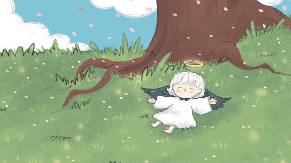 รับวาดรูปการ์ตูน นางฟ้า น่ารัก นอนหลับ ใต้ต้นไม้