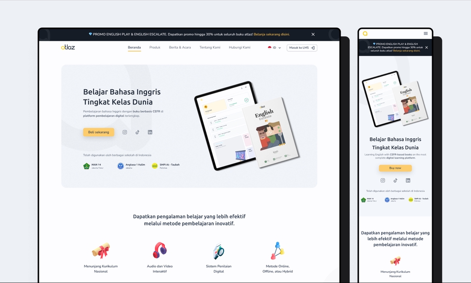 Desain UI UX Website Pendidikan Bahasa Inggris, Belajar Bahasa Inggris Online dengan Aplikasi Mobile.