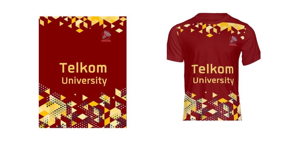 Desain kaos distro Telkom University dengan motif geometris warna kuning dan merah.