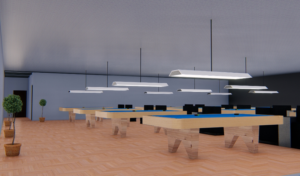 Jasa desain interior ruang biliar dengan desain minimalis dan modern