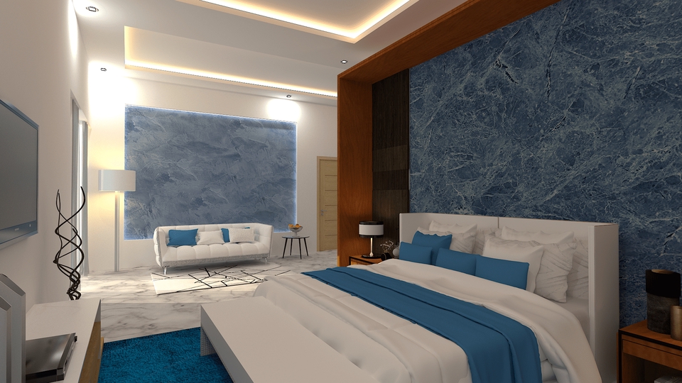 Desain interior kamar tidur minimalis dengan nuansa biru dan putih, cocok untuk inspirasi desain interior rumah dan apartemen.