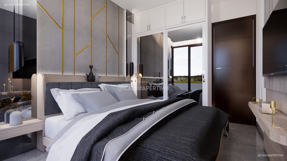 Desain lemari pakaian minimalis dengan gaya modern dan sentuhan kayu yang elegan. Jasa desain furniture online untuk mewujudkan hunian impian.