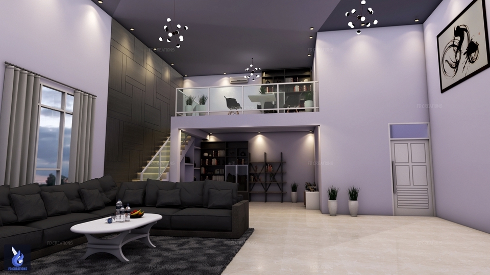 Jasa drafter autocad murah untuk desain interior rumah modern dengan balkon dan ruang tamu luas.