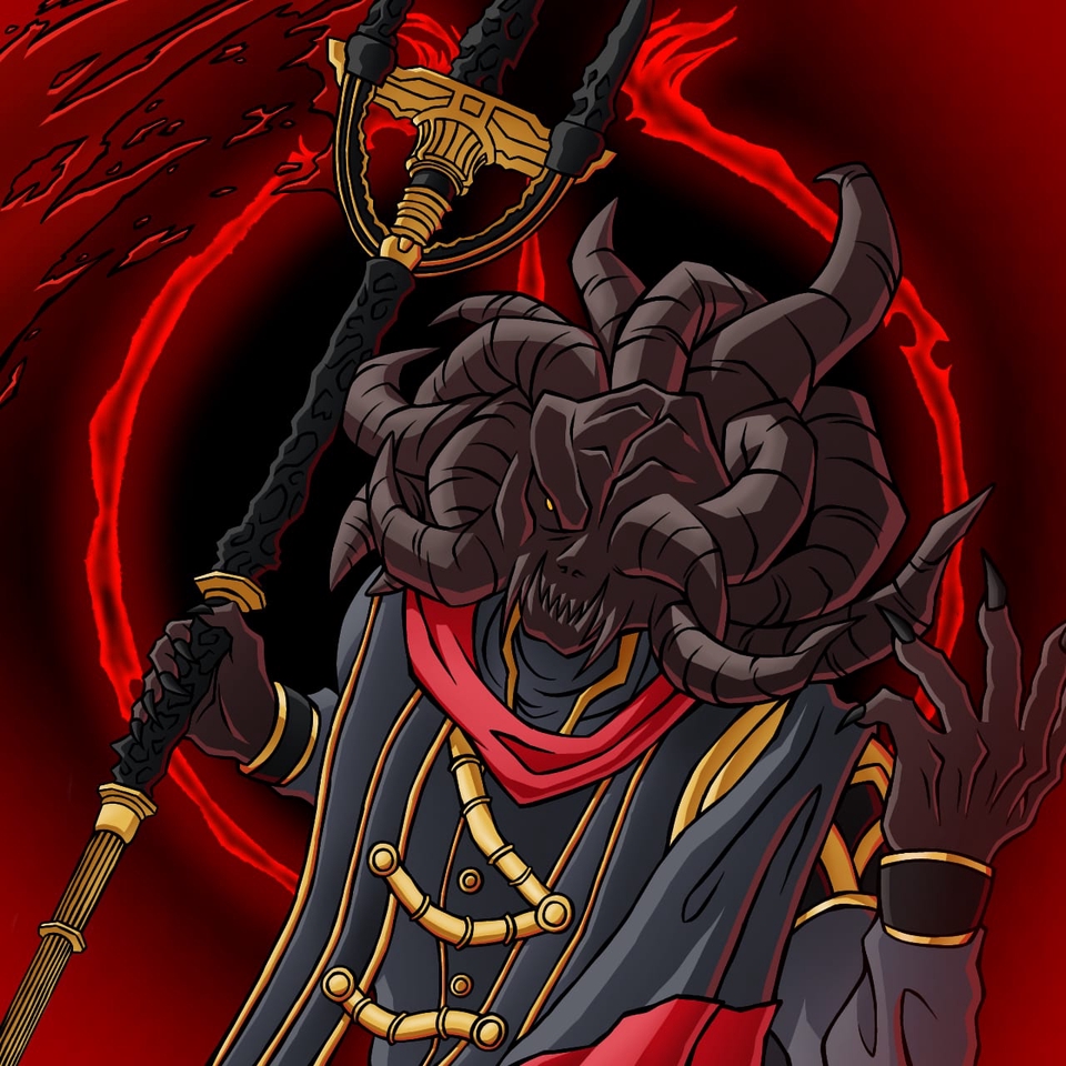 2D illustration of a monster boss fight from the game, Elden Ring.