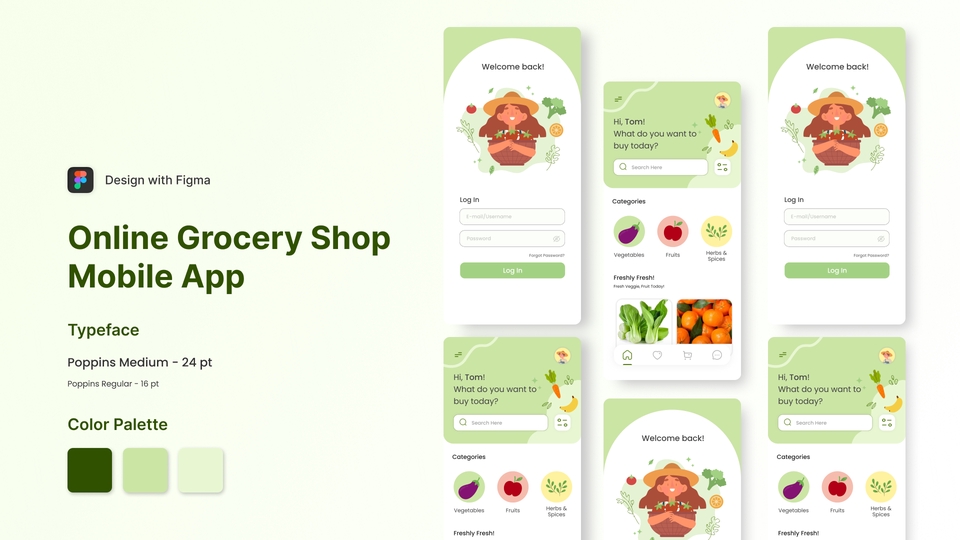 Desain UI UX untuk aplikasi mobile toko kelontong online dengan tampilan minimalis dan modern.