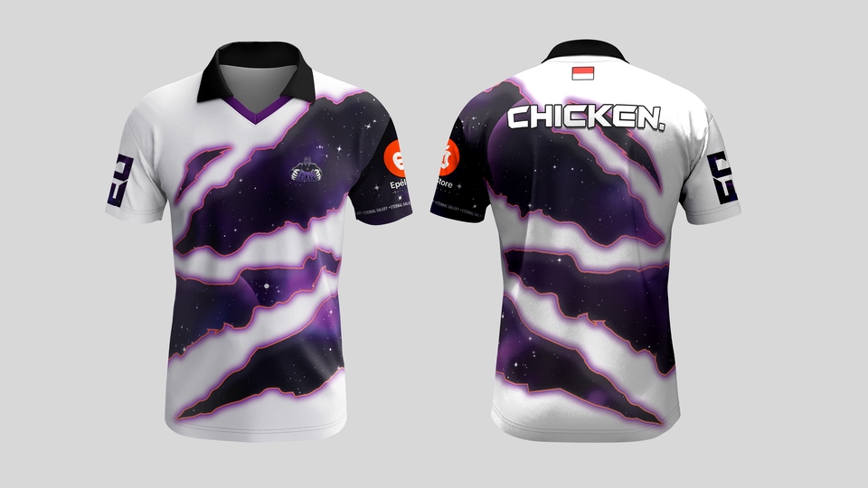 Desain jersey futsal dengan motif abstrak berwarna putih ungu dan logo chicken